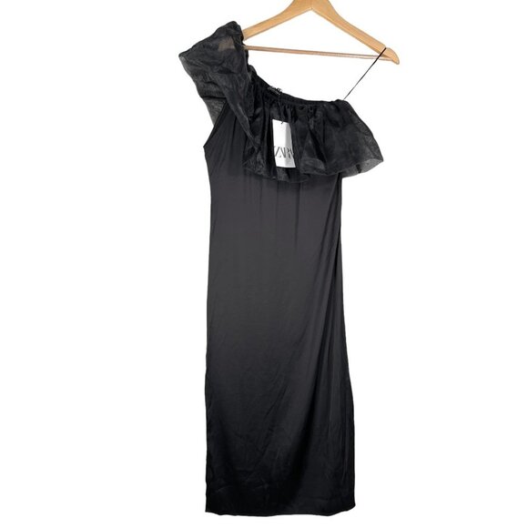ZARA ORGANZA SATIN EFFECT DRESS One Shoulder black sz S - Picture 3 of 13